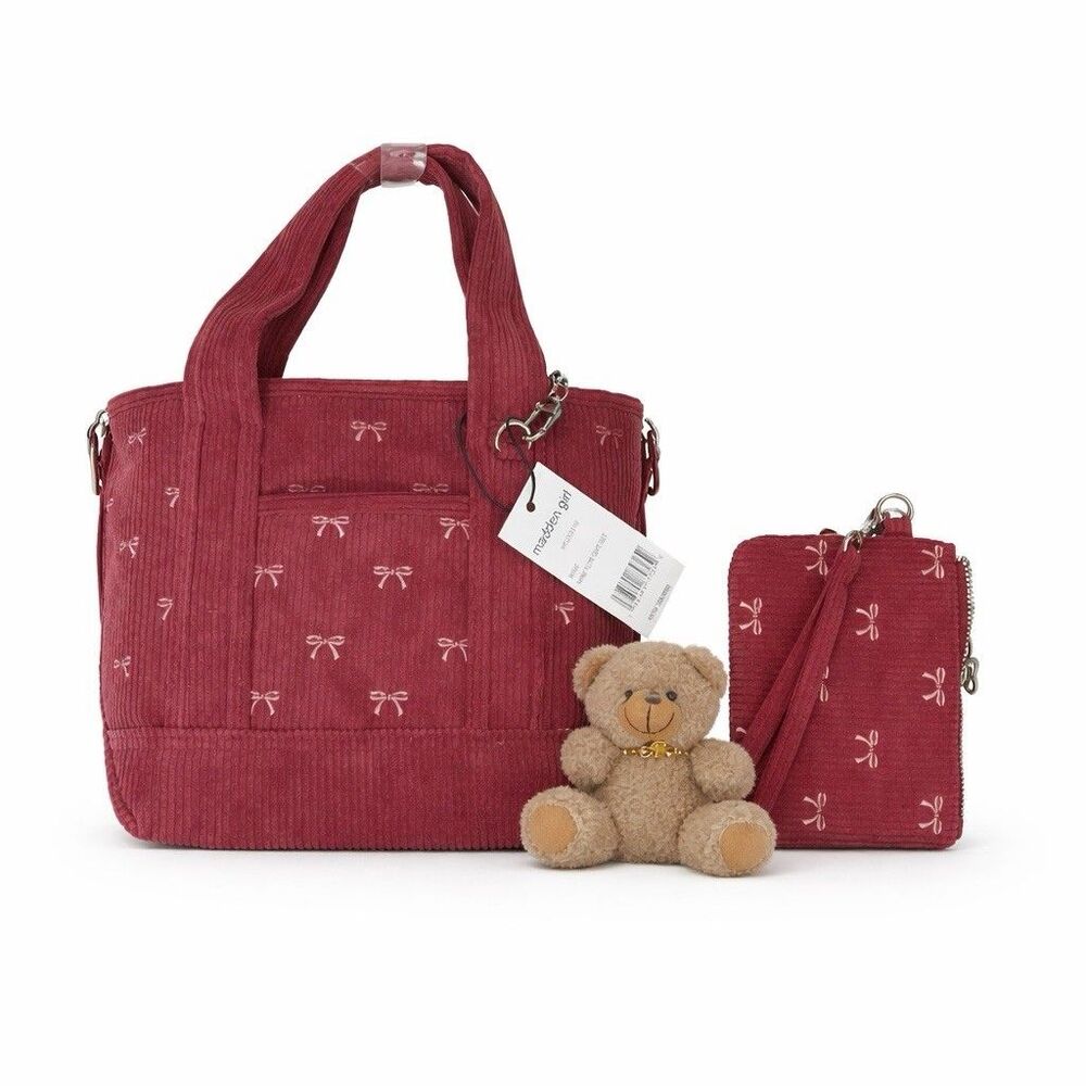 Madden Girl Pink/Wine Mini Tote Pouch Bag Charms Teddy Bear Gift Set W/Box NWT